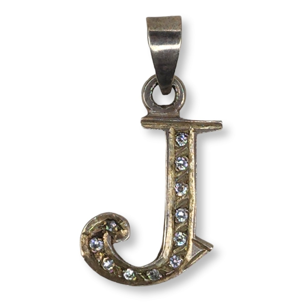 Vintage Sterling Silver 925 Monogram Letter J Pendant Faceted‎ Cubic Zirconia